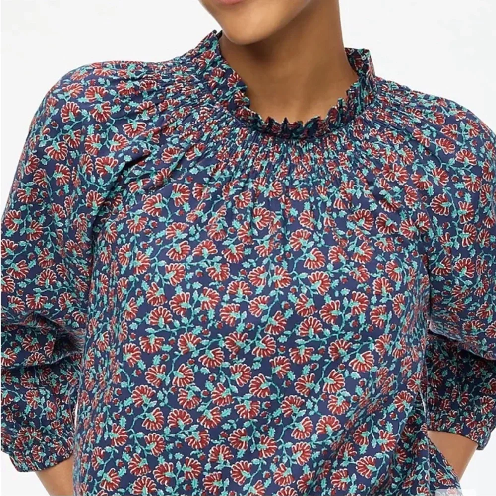 J. Crew Smocked-Neck Print Top